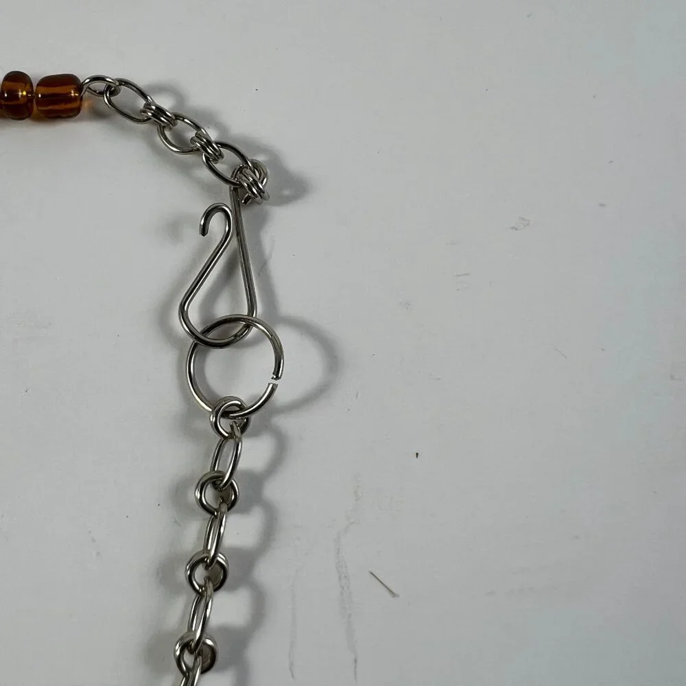 Handcrafted Silver Chain Bracelet With Amber-Colored Beads & Teardrop Pendant